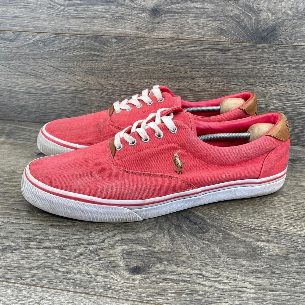Polo Ralph Lauren Thorton Sneaker Mens 12D Red Washed Twill Leather Low Top J18